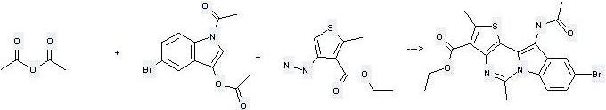 Ethanone,1-[3-(acetyloxy)-5-bromo-1H-indol-1-yl]- can be used to produce 9-bromo-11-acetylamino-2,5-dimethyl-3-ethoxycarbonylthieno[2',3':5,6]pyrimido[3,4-a]indole and 4-hydrazino-2-methyl-thiophene-3-carboxylic acid ethyl ester by heating